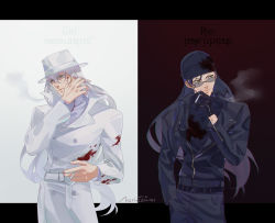 Rule 34 | 2boys, akai shuuichi, beanie, belt, between fingers, black gloves, black headwear, black jacket, black shirt, blood, blood on clothes, blood on face, character name, cigarette, closed mouth, coat, contrast, cowboy shot, dated, gin (meitantei conan), gloves, grey shirt, hair between eyes, hand up, hat, highres, holding, holding cigarette, jacket, long hair, long sleeves, looking away, looking to the side, male focus, meitantei conan, mirrored text, moyhconan, multiple boys, red background, shirt, smoke, smoking, sunglasses, tight clothes, tight shirt, trench coat, turtleneck, very long hair, white background, white hair, white headwear, wiping face, zipper