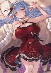 Rule 34 | 1girl, animal ears, ayacho, bare shoulders, bell, blue hair, blush, breasts, catura (granblue fantasy), catura (holiday) (granblue fantasy), cleavage, cow ears, draph, dress, frilled dress, frills, granblue fantasy, highres, large breasts, long hair, looking at viewer, lying, neck bell, on back, parted lips, thighs
