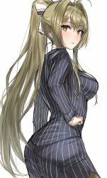 Rule 34 | 1girl, amagi brilliant park, antenna hair, black pantyhose, blazer, blonde hair, blush, breasts, brown eyes, closed mouth, commentary request, formal, hair intakes, hair ribbon, hand on own hip, highres, hotate-chan, jacket, large breasts, long hair, looking at viewer, miniskirt, office lady, pantyhose, pinstripe pattern, pinstripe suit, ponytail, ribbon, sento isuzu, sidelocks, skirt, skirt suit, striped, suit, very long hair