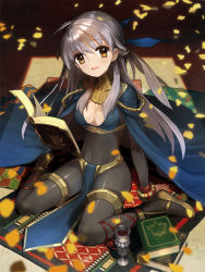 Rule 34 | 1girl, book, breasts, cape, cleavage, fire emblem, fire emblem: radiant dawn, fire emblem awakening, half updo, long hair, micaiah (fire emblem), nintendo, official art, silver hair, sitting, skin tight, wada arco, wariza, yellow eyes