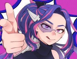 Rule 34 | 1girl, aiming, armpits, bare shoulders, boku no hero academia, finger gun, glasses, highres, lady nagant, long hair, looking at viewer, multicolored background, pointing, ponytail, purple background, purple eyes, purple hair, shio to no soko, solo, tongue, tongue out, twitter username