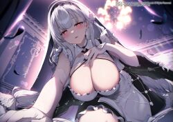 Rule 34 | 1girl, azur lane, blush, breasts, bright pupils, chandelier, cleavage, commentary request, copyright notice, elbow gloves, falling feathers, feathers, frills, gloves, hair ornament, hand on own chest, highres, indoors, kat (bu-kunn), large breasts, long hair, looking at viewer, official art, parted lips, red eyes, scylla (azur lane), smile, solo, white gloves, white hair, white pupils