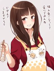 Rule 34 | 1girl, absurdres, animal print, apron, bird print, blunt bangs, blush, breasts, brown eyes, brown hair, chopsticks, cleavage, commentary request, fingernails, food, grey background, grin, highres, holding, holding chopsticks, kapatarou, long hair, looking at viewer, original, print apron, red shirt, shirt, sidelocks, simple background, small breasts, smile, solo, translation request, upper body