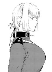 Rule 34 | 1girl, braid, breasts, closed mouth, dated, epaulettes, expressionless, fate/grand order, fate (series), florence nightingale (fate), greyscale, hair ribbon, highres, jacket, large breasts, long hair, long sleeves, looking ahead, monochrome, noz 2to, profile, ribbon, sidelocks, simple background, solo, upper body