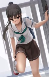 Rule 34 | 1girl, bag, black hair, blunt bangs, blush, brown eyes, commentary request, eto, highres, long hair, looking at viewer, md5 mismatch, neckerchief, open mouth, original, parted lips, pleated skirt, ponytail, putting on shoes, revision, school bag, school uniform, serafuku, shoes, short sleeves, skirt, socks, solo, uwabaki, very long hair, white socks