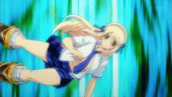 Rule 34 | 10s, 1girl, animated, animated gif, blonde hair, breasts, dancing, hair ribbon, katsuragi (senran kagura), large breasts, leg lift, long hair, lowres, necktie, no bra, open clothes, panties, pantyshot, plaid, plaid skirt, ribbon, screencap, senran kagura, skirt, socks, solo, spinning, striped clothes, striped panties, thick thighs, thighs, underwear, upskirt