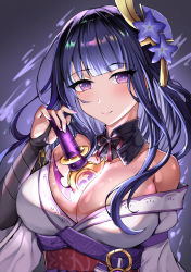 Rule 34 | 1girl, armor, bare shoulders, blush, braid, closed mouth, commentary request, genshin impact, highres, holding, holding sword, holding weapon, human scabbard, japanese clothes, kimono, long hair, looking at viewer, mole, mole under eye, nail polish, purple eyes, purple hair, purple nails, raiden shogun, shoulder armor, smile, solo, sword, tsukimi no 72, weapon