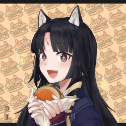 Rule 34 | 1girl, :d, animal ear fluff, animal ears, arknights, artist name, black hair, blush, braid, brown eyes, burger, dog ears, drooling, facial mark, fang, fingerless gloves, food, food-themed background, forehead mark, gloves, hair ribbon, highres, holding, holding food, long hair, looking at viewer, open mouth, parted bangs, purple gloves, ribbon, saga (arknights), saliva, shoukkun25, side braid, signature, smile, solo, upper body, wrapper, yellow ribbon