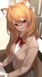 Rule 34 | 1girl, absurdres, ahoge, animal ears, blazer, blush, book, bow, bowtie, breasts, brown jacket, brown skirt, closed mouth, commission, from above, glasses, hair between eyes, head tilt, highres, indoors, iwashi 111, jacket, long hair, looking at viewer, medium breasts, orange eyes, orange hair, original, pixiv commission, pleated skirt, red bow, red bowtie, school uniform, sitting, skirt, solo, swept bangs
