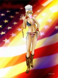 Rule 34 | 00s, 1girl, american flag, american flag bikini, american flag print, bikini, blonde hair, blowing bubbles, boots, breasts, chef hat, chewing gum, cowboy boots, flag print, green eyes, hat, large breasts, long hair, monica adenauer, narrow waist, navel, print bikini, side-tie bikini bottom, solo, source request, standing, swimsuit, twintails, wristband, yakitate!! japan