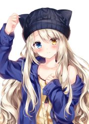 Rule 34 | 1girl, animal ears, arm up, bare shoulders, beanie, black hat, blonde hair, blue eyes, blue jacket, blush, brown hair, buttons, closed mouth, collarbone, fake animal ears, hair between eyes, hand on headwear, hat, heterochromia, jacket, long hair, long sleeves, looking at viewer, nogi takayoshi, off shoulder, open clothes, open jacket, original, partially unbuttoned, shirt, simple background, sleeveless, sleeveless shirt, solo, upper body, wavy hair, white background, yellow shirt