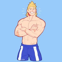 Rule 34 | 1boy, abs, alternate costume, bara, blonde hair, blue shorts, boku no hero academia, bulge, crossed arms, closed eyes, feraltintinsimp, highres, large pectorals, male focus, muscular, muscular male, navel, nipples, pectorals, scar, scar on arm, topless male, short hair, shorts, smile, solo, spiked hair, togata mirio