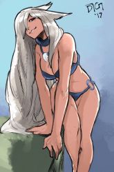 Rule 34 | 1girl, angel splatter, animal ears, bikini, cat ears, collar, grey hair, hair over one eye, highres, leaning on object, long hair, looking at viewer, o-ring, o-ring bottom, original, red eyes, signature, sketch, smile, solo, swimsuit