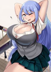 Rule 34 | 1girl, arms behind head, arms up, blue eyes, blue hair, blush, boku no hero academia, breasts, bursting breasts, chair, cleavage, desk, green skirt, hadou nejire, highres, large breasts, long hair, looking at viewer, matching hair/eyes, necktie, nico-mo, one eye closed, open mouth, pleated skirt, red necktie, school uniform, short sleeves, sitting, skirt, smile, solo, thighs, very long hair, vest, wink