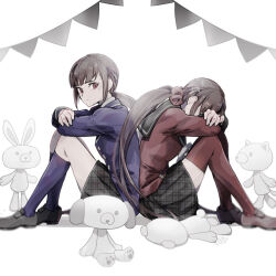 Rule 34 | 2girls, back-to-back, black sailor collar, black skirt, blazer, blue jacket, blue sleeves, blue socks, brown footwear, brown hair, buttons, collared jacket, collared shirt, commentary request, covering face, crossed arms, danganronpa (series), danganronpa v3: killing harmony, dated, dual persona, full body, garland (decoration), grey footwear, hair ornament, hair scrunchie, harukawa maki, jacket, kneehighs, knees up, long hair, long sleeves, looking at another, miniskirt, mole, mole under eye, multiple girls, plaid, plaid skirt, pleated skirt, red scrunchie, red shirt, red sleeves, red thighhighs, sailor collar, sailor shirt, school uniform, scrunchie, shirt, shoes, signature, simple background, sitting, skirt, socks, stuffed animal, stuffed cat, stuffed dog, stuffed rabbit, stuffed toy, teddy bear, thighhighs, u u ki u u, uwabaki, very long hair, white background, white shirt