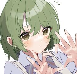 Rule 34 | 1girl, bad id, bad twitter id, blush, bow, bowtie, green eyes, green hair, heart, heart hands, highres, idolmaster, idolmaster shiny colors, looking at viewer, nanakusa nichika, notice lines, portrait, school uniform, short hair, shu10, simple background, solo, white background