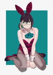 Rule 34 | 1girl, adapted costume, alternate costume, animal ears, black hair, black pantyhose, blue-framed eyewear, blue bow, blue bowtie, bow, bowtie, breasts, commission, detached collar, fake animal ears, glasses, green eyes, grey pantyhose, highres, kantai collection, leotard, multicolored hair, ojipon, okinami (kancolle), pantyhose, pink hair, playboy bunny, purple leotard, rabbit ears, short hair, sitting, small breasts, solo, strapless, strapless leotard, wariza, wrist cuffs
