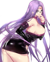 Rule 34 | 1girl, absurdres, ass, bare shoulders, bespectacled, black dress, breasts, cowboy shot, detached sleeves, dress, eyebrows, facial mark, fate/stay night, fate (series), forehead mark, glasses, grin, hair intakes, hand to own mouth, hand up, highres, huge breasts, leaning, leaning forward, long hair, medusa (fate), medusa (rider) (fate), microdress, negresco, no bra, over-rim eyewear, purple eyes, purple hair, semi-rimless eyewear, sideboob, simple background, smile, solo, straight hair, strapless, strapless dress, very long hair, white background