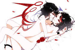 Rule 34 | 2girls, absurdres, ass, asymmetrical wings, bad id, bad pixiv id, black hair, black wristband, breasts, commentary request, eye contact, flower, from side, grabbing, grey horns, highres, horns, houjuu nue, kijin seija, looking at another, lying, multicolored hair, multiple girls, nude, on back, parted lips, petals, profile, red eyes, red flower, red hair, red rose, rose, sheya, short hair, simple background, small breasts, streaked hair, swept bangs, thigh strap, thighs, touhou, wavy hair, white background, white hair, wings, wristband, yuri