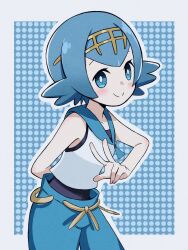 Rule 34 | 1girl, :d, bare arms, blue eyes, blue hair, blue pants, blue sailor collar, blush, bright pupils, creatures (company), emapippi, game freak, hairband, highres, lana (pokemon), looking at viewer, nintendo, no sclera, one-piece swimsuit, open mouth, pants, peace symbol, pokemon, pokemon sm, sailor collar, shirt, short hair, sleeveless, sleeveless shirt, smile, solo, swimsuit, swimsuit under clothes, tongue, twitter username, white pupils, white shirt, yellow hairband