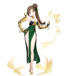 Rule 34 | 1girl, absurdres, asymmetrical bangs, bare legs, breasts, brown hair, clawed gauntlets, cleavage, dress, eversoul, game cg, gauntlets, gem, glint, green dress, green eyes, green gemstone, green ribbon, hair bun, hair ribbon, high ponytail, highres, jade (eversoul), key, looking at viewer, medium breasts, metal gloves, multicolored hair, official art, ribbon, side ponytail, side slit, solo, sparkle, standing, strapless, strapless dress, streaked hair, tachi-e, third-party source, yellow footwear