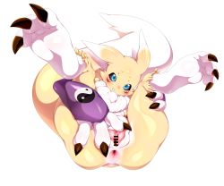 Rule 34 | 1girl, :3, absurdres, animal ears, animal hands, anus, ass, bar censor, black sclera, blue eyes, blush, bridal gauntlets, censored, claws, colored sclera, digimon, digimon (creature), digimon tamers, feet, female focus, fox tail, full body, furry, furry female, gaping, gloves, grin, happy, highres, himamushi nyuudou, legs up, looking at viewer, nose blush, presenting, purple gloves, pussy, renamon, shiny clothes, shiny skin, simple background, sitting, smile, solo, spread legs, spread pussy, tail, teeth, urethra, white background, yin yang