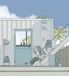 Rule 34 | 1girl, animal, aqua shirt, bird, blue sky, building, cafe, clothed animal, cloud, cloudy sky, door, east sha2, fence, highres, lamp, long hair, looking at viewer, no nose, original, outdoors, palm tree, pants, penguin, sandals, shirt, sitting, sky, stairs, tree, watch, white shirt, wristwatch