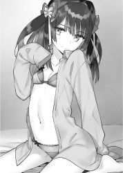 Rule 34 | 1girl, arm support, assassins pride, barefoot, bow, breasts, cleavage, collarbone, dress shirt, floating hair, grey background, greyscale, hair between eyes, hair bow, head tilt, highres, long hair, looking at viewer, monochrome, mule la mall, navel, ninomoto, novel illustration, official art, open clothes, open shirt, panties, shirt, simple background, sitting, sleeves past wrists, small breasts, smile, solo, underwear, wariza