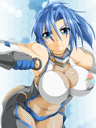 Rule 34 | 1girl, bad id, bad pixiv id, bare shoulders, blue eyes, blue hair, bodysuit, borrowed character, breasts, character request, cleavage, copyright request, female focus, fishnet bodysuit, fishnets, gauntlets, kokujuuji, large breasts, matching hair/eyes, mole, mole under mouth, navel, see-through, solo