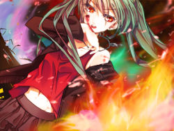 Rule 34 | 1girl, bad id, bad pixiv id, earrings, female focus, fire, gradient background, green hair, hatsune miku, jewelry, navel, necklace, pyrokinesis, red eyes, solo, tsukasa kinako, vocaloid