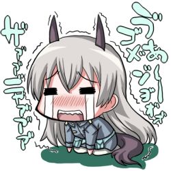 Rule 34 | 1girl, animal ears, chibi, crying, eila ilmatar juutilainen, japanese text, kneeling, lowres, military, military uniform, pantyhose, streaming tears, strike witches, tail, tears, text focus, translation request, trembling, uniform, white pantyhose, world witches series