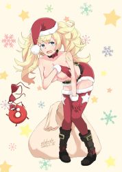 Rule 34 | 1girl, alakoala, alternate costume, belt, bikini, bikini top only, unworn bikini top, blonde hair, blue eyes, blush, boots, breasts, christmas, collar, commentary request, covering privates, covering breasts, dated, enemy lifebuoy (kancolle), full body, fur trim, gambier bay (kancolle), gloves, hair between eyes, hat, highres, kantai collection, large breasts, leaning forward, long hair, looking at viewer, open mouth, red bikini, red gloves, red shorts, sack, santa costume, santa hat, short shorts, shorts, simple background, solo, swimsuit, tears, thighhighs, topless, twintails