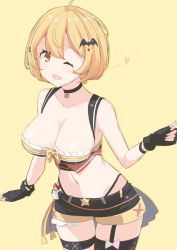 Rule 34 | 1girl, ahoge, asymmetrical legwear, bare shoulders, bat hair ornament, black choker, black panties, black shorts, black thighhighs, blonde hair, blush, breasts, choker, cleavage, collarbone, commentary, fang, garter straps, hair ornament, heart, highleg, highleg panties, hololive, kichihachi, large breasts, looking at viewer, navel, one eye closed, open mouth, panties, revealing clothes, see-through, short hair, short shorts, shorts, simple background, single garter strap, skin fang, smile, solo, thigh strap, thighhighs, thighs, underwear, uneven legwear, virtual youtuber, yellow background, yozora mel, yozora mel (2nd costume)