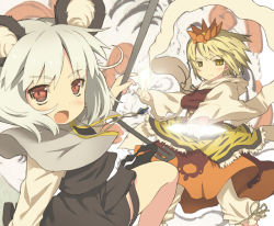 Rule 34 | 2girls, animal ears, animal print, blonde hair, blush, capelet, dowsing rod, fang, female focus, hair ornament, jewelry, mouse ears, multiple girls, nazrin, necklace, ooide chousuke, open mouth, red eyes, shawl, short hair, silver hair, tail, tiger print, toramaru shou, touhou, yellow eyes