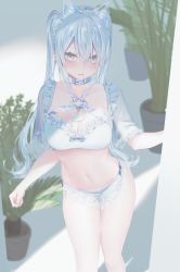 Rule 34 | 1girl, blue eyes, blue hair, blurry, blurry background, breasts, collar, frills, hair between eyes, hairband, harness, highres, light blue hair, long hair, looking at viewer, medium breasts, navel, open mouth, original, plant, potted plant, see-through, see-through sleeves, short sleeves, solo, standing, twintails, unusa