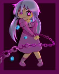 Rule 34 | 10s, 1girl, artist request, black background, blurry, border, chain, closed mouth, cross-laced clothes, cuffs, dress, eyebrows, framed image, frown, full body, glowing, handcuffs, kneehighs, long hair, long sleeves, low-tied long hair, pink dress, pink eyes, pink footwear, puffy short sleeves, puffy sleeves, restrained, senki zesshou symphogear, shoes, short sleeves, silver hair, socks, solo, source request, standing, teardrop, tears, very long hair, aged down, yukine chris