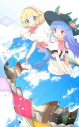 Rule 34 | 2girls, adapted costume, alice margatroid, aoi (annbi), blue eyes, blue hair, blue sky, bow, capelet, cloud, floating rock, hairband, hat, hinanawi tenshi, lolita hairband, multiple girls, open mouth, pink eyes, puffy short sleeves, puffy sleeves, rock, sash, shirt, short sleeves, sitting, sitting on rock, skirt, sky, smile, touhou