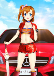 Rule 34 | 10s, 1girl, alternate costume, bandeau, blue eyes, blush, boots, car, choker, closed umbrella, cloud, collarbone, cropped jacket, day, kosaka honoka, love live!, love live! school idol project, mercedes-benz, mercedes-benz a45 amg, midriff, motor vehicle, navel, open mouth, orange hair, planted, planted umbrella, qiuzhi huiyi, race queen, short hair, short shorts, shorts, side ponytail, sky, solo, standing, strapless, tube top, umbrella, vehicle