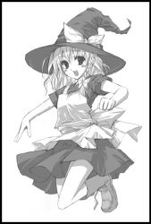 Rule 34 | 1girl, :d, apron, boots, border, bow, braid, clenched hand, dress, eyebrows, female focus, full body, greyscale, hair bow, hat, hat bow, jumping, kirisame marisa, long hair, looking at viewer, monochrome, open mouth, shibusawa hayato, short sleeves, simple background, single braid, smile, solo, touhou, white background, witch hat