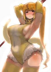 Rule 34 | 1girl, alternate breast size, animal ears, armpits, arms behind head, arms up, backlighting, blonde hair, blush, breasts, brown eyes, brown hair, circlet, colored inner hair, covered erect nipples, covered navel, cowboy shot, eyes visible through hair, frilled leotard, frills, gloves, golden snub-nosed monkey (kemono friends), half-closed eyes, high ponytail, highres, holding, holding weapon, kemono friends, large breasts, leotard, long hair, looking at viewer, monkey ears, monkey tail, multicolored hair, nose blush, orange hair, parted lips, pointy ears, polearm, shibori kasu, sideboob, skindentation, solo, sweat, tail, taut clothes, taut leotard, thighhighs, very long hair, weapon, white background, yellow gloves, yellow leotard, yellow thighhighs