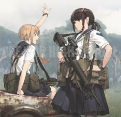 Rule 34 | 2girls, arms up, assault rifle, black legwear, black ribbon, black skirt, blonde hair, blurry, blurry background, brown eyes, brown hair, car, closed mouth, cloud, cloudy sky, commentary, day, depth of field, emblem, english text, green eyes, grey sky, gun, hair ribbon, hand on own hip, harness, holding, holding gun, holding weapon, long hair, m16, m16a2, miniskirt, motor vehicle, multiple girls, neckerchief, on vehicle, open mouth, original, outdoors, pantyhose, pleated skirt, ponytail, pouch, ribbon, rifle, school uniform, scope, serafuku, short hair, short sleeves, sidelocks, sitting, skirt, sky, smile, standing, tactical clothes, tanto (tc1995), tree, trigger discipline, watch, weapon, white neckerchief, wristwatch