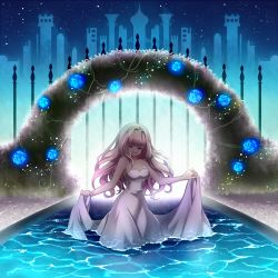 Rule 34 | 1girl, arch, bad id, bad pixiv id, bare shoulders, blonde hair, clothes lift, dark, dress, dress lift, closed eyes, floral arch, flower, glowing, long hair, masaru.jp, night, night sky, original, rose, sky, solo, star (sky), star (symbol), starry sky, wading, water