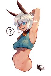 Rule 34 | 1girl, :d, ?, animal ears, armpits, arms up, blue eyes, breasts, cat ears, dark skin, dark-skinned female, fang, female focus, highres, medium breasts, midriff, ms. fortune (skullgirls), navel, open mouth, ryuji (red-truth), short hair, skullgirls, smile, solo, stomach, sweat, thought bubble, underboob, white hair