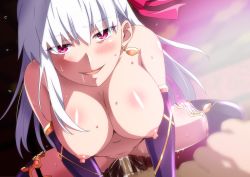 Rule 34 | 1boy, 1girl, blush, breasts, censored, cowgirl position, cum, cum in pussy, detached sleeves, earrings, fate/grand order, fate (series), girl on top, hair ribbon, hara (harayutaka), hetero, highres, jewelry, kama (fate), kama (second ascension) (fate), large breasts, long hair, looking at viewer, mosaic censoring, nipples, nude, open mouth, penis, pov, red eyes, ribbon, sex, silver hair, smile, solo focus, straddling, sweat, thighhighs, vaginal