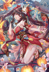 Rule 34 | 1girl, bell, black gloves, black hair, breasts, brown hair, china dress, chinese clothes, cleavage, dress, gloves, highres, honkai: star rail, honkai (series), long hair, medium breasts, multicolored hair, open mouth, pink eyes, red dress, red footwear, sandals, short sleeves, signature, single glove, smile, solo, sparkle (honkai: star rail), thighs, torino aqua, twintails