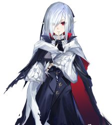 Rule 34 | 1girl, arknights, black cape, black coat, black gloves, cape, coat, cowboy shot, drive shot, eyes visible through hair, finger to mouth, frilled sleeves, frills, gladiia (arknights), gladiia (return) (arknights), gloves, grey hair, hair over one eye, highres, index finger raised, jewelry, long hair, long sleeves, looking at viewer, necklace, official alternate costume, parted lips, partially fingerless gloves, pointy ears, red eyes, resolution mismatch, shushing, simple background, solo, source smaller, very long hair, white background