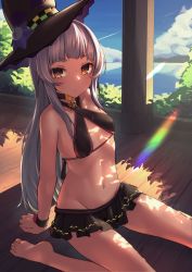 Rule 34 | 1girl, absurdres, bare legs, barefoot, bikini, bikini skirt, black bikini, black choker, black hat, blue sky, blunt bangs, breasts, choker, closed mouth, cloud, cloudy sky, commentary, criss-cross halter, dappled sunlight, day, expressionless, frilled bikini, frills, full body, groin, halterneck, hat, highres, hololive, inaba teitoku, light rays, long hair, looking at viewer, murasaki shion, murasaki shion (hololive summer 2019), navel, ocean, official alternate costume, orange eyes, outdoors, rainbow, seaside, silver hair, sitting, sky, small breasts, solo, star (symbol), star choker, stomach, straight hair, sunlight, swimsuit, thighs, virtual youtuber, wariza, witch hat, wooden floor, wristband