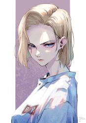 Rule 34 | 1girl, android 18, bani-lizo, blonde hair, blue eyes, dragon ball, dragonball z, earrings, highres, jewelry, looking at viewer, short hair, solo, upper body