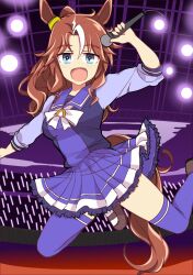 Rule 34 | 1girl, animal ears, blue eyes, bow, breasts, brown footwear, commentary request, ear ornament, hair between eyes, highres, holding, holding microphone, horse ears, horse girl, horse tail, loafers, long hair, long sleeves, looking at viewer, medium breasts, mejiro palmer (umamusume), microphone, multicolored hair, open mouth, pleated skirt, purple serafuku, purple skirt, purple thighhighs, school uniform, serafuku, shoes, skirt, sleeves rolled up, smile, solo, streaked hair, tail, thighhighs, tracen school uniform, umamusume, wahiko (black bastard), white bow, white hair, winter uniform