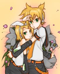 Rule 34 | 1boy, 1girl, bad id, bad pixiv id, blonde hair, bow, brother and sister, detached sleeves, flower, green eyes, headset, kagamine len, kagamine rin, necktie, short hair, siblings, titanic21, twins, vocaloid